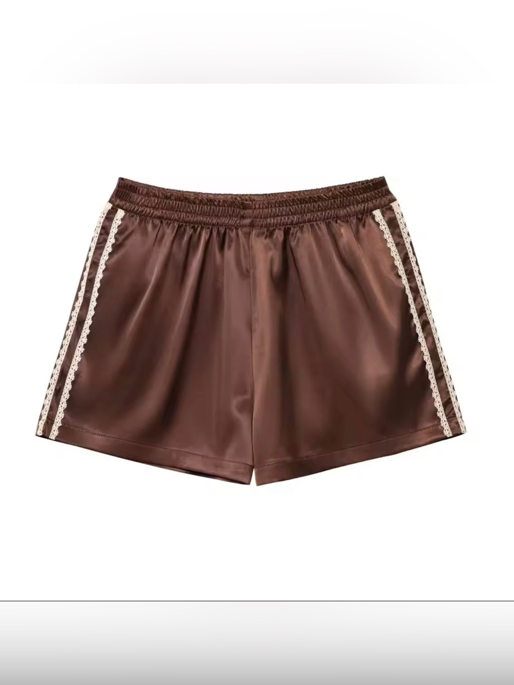 Zara Brown Satin High-Waist Shorts with Cream Lace Trim